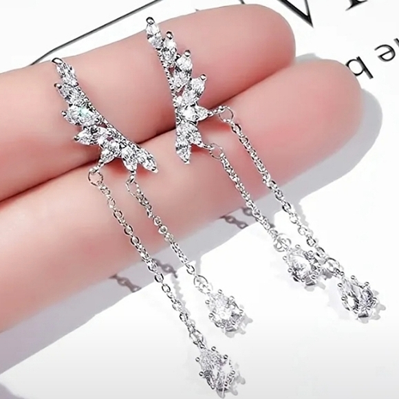 S925 Sterling Silver Angel Wings Dangling Studs - Picture 1 of 2